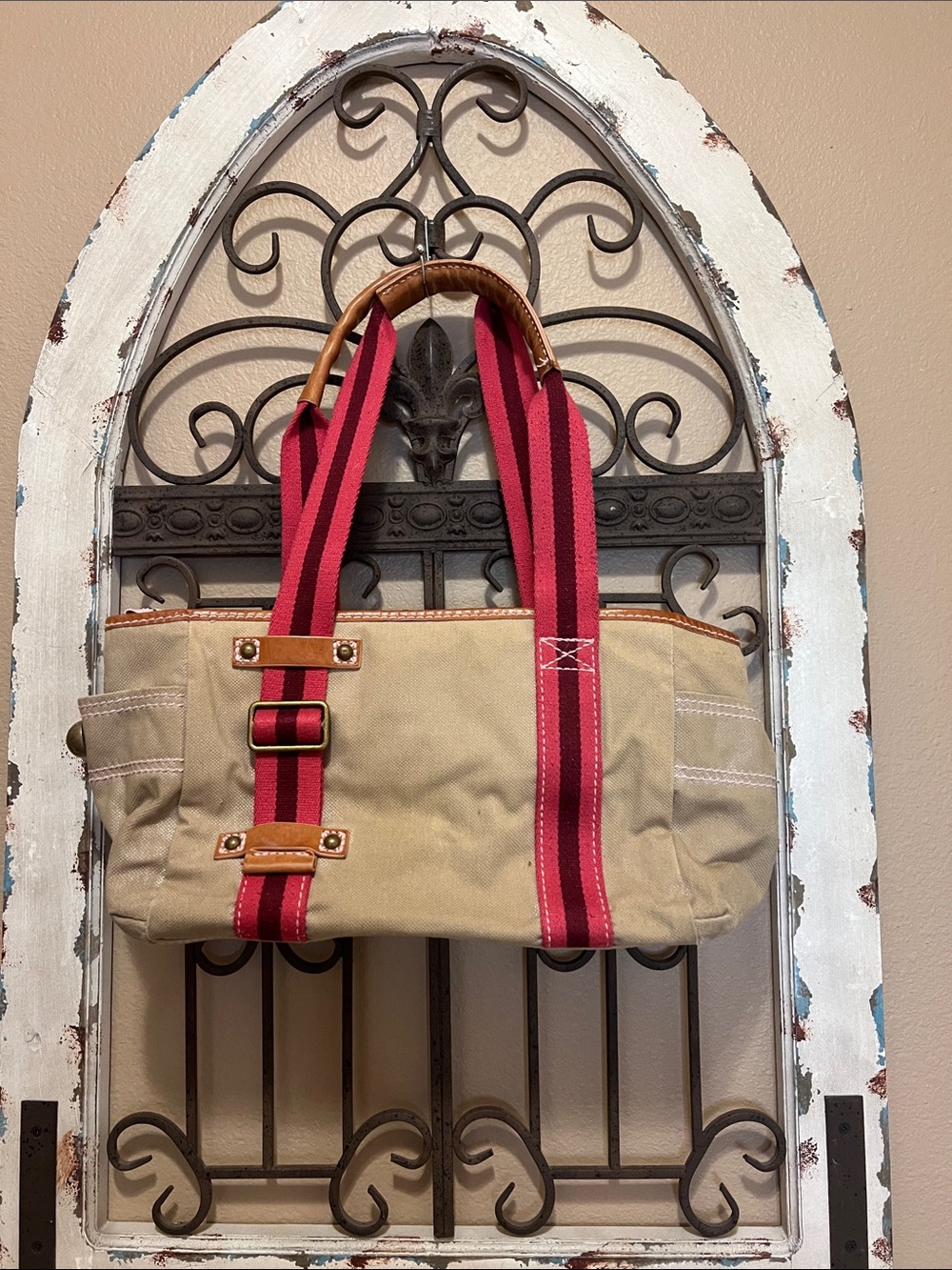 GAP Cream Canvas Tote with Red Striped Handles